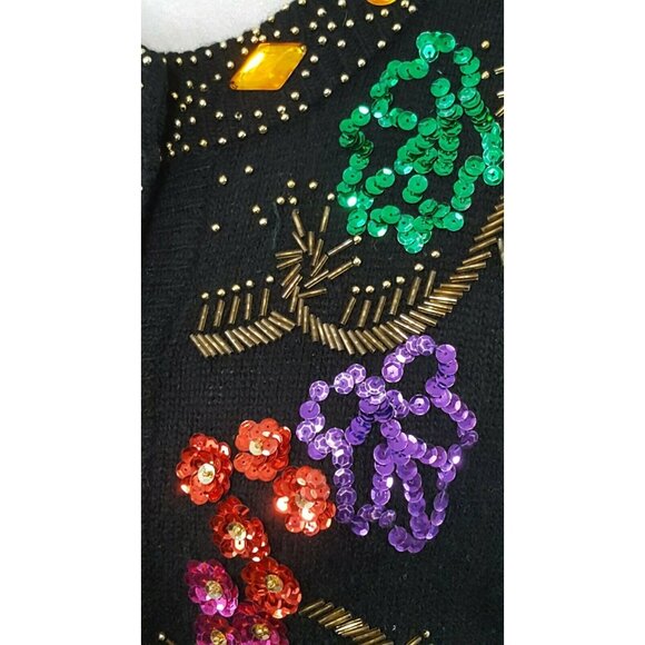 Joule Women's Vintage 80s Beaded Sequin Sweater Small Silk Angora Black Button - Picture 5 of 8